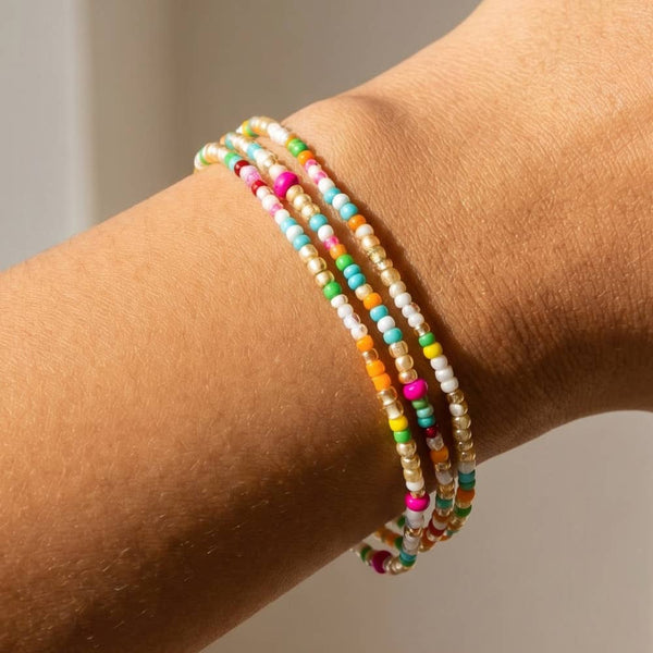 Multicolor Seed Bead And Gold Stretch Bracelet Set: MXG1