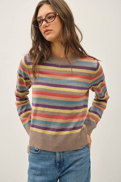 WOOL BLENDED MULTI COLOR STRIPE SWEATER : MOCHA