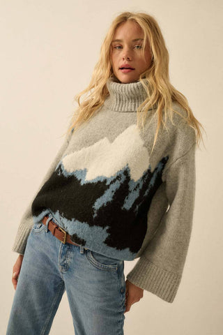 Mountains Fuzzy Jacquard-Knit Turtleneck Sweater: Heather Grey-Black / S - Lulu Bella Boutique