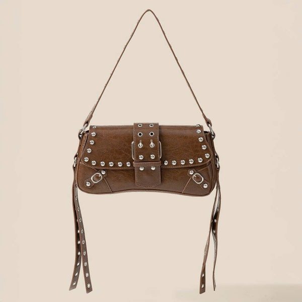 Glossy Leather Rivet Trim Shoulder Bag: SBK