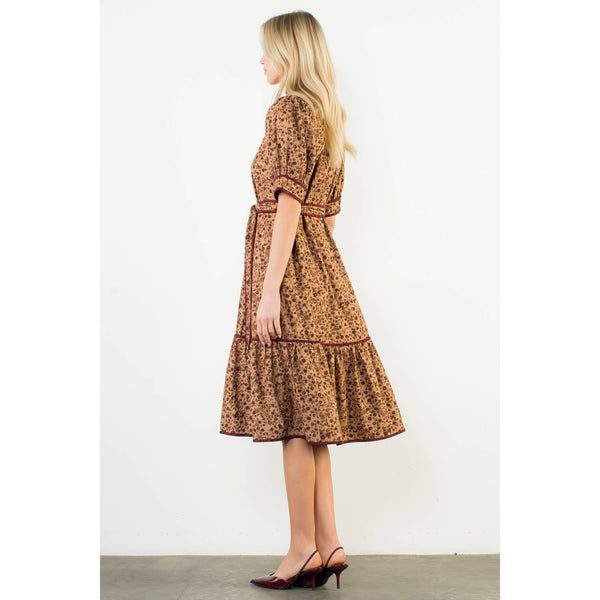 Short Sleeve Corduroy Floral Pattern Dress: BROWN