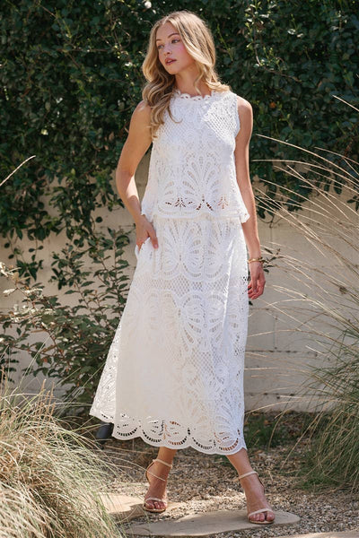 SLEEVELESS LACE TOP AND SKIRT SET WITH SCALLOPED HEM: OFF WHITE / S-M-L(2-2-2) - Lulu Bella Boutique