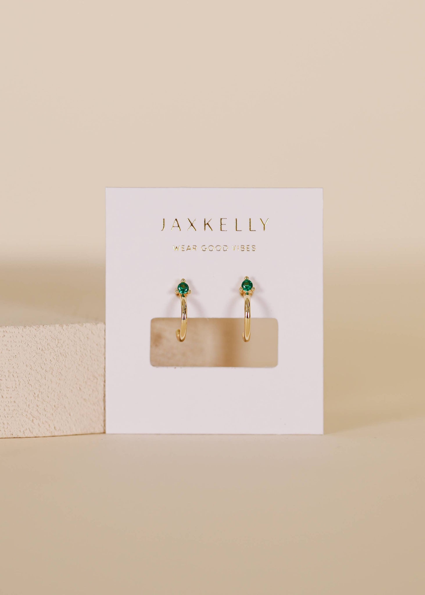 Open Mini Hoop Earrings - 18k Gold - Green Emerald