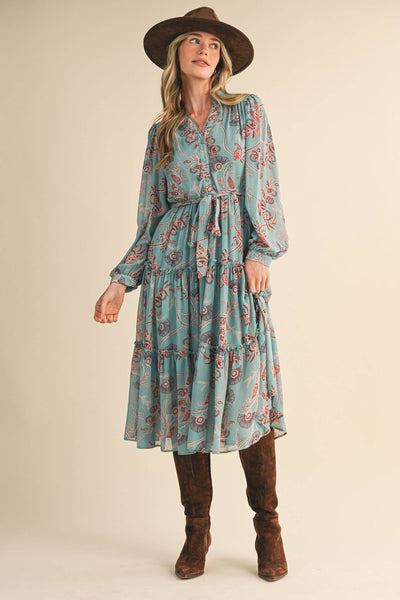 PAISLEY PRINT RUFFLE TIERED MIDI DRESS: SEAFORM