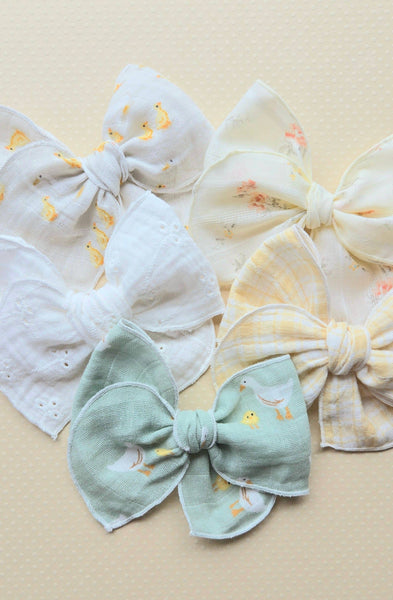 Fable Bow on Clip • Embroidered White Gauze • Fabric Bow - Lulu Bella Boutique