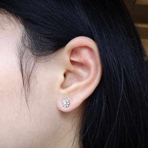 CZ Flower Diamond Screw Back Earrings: Yellow Gold