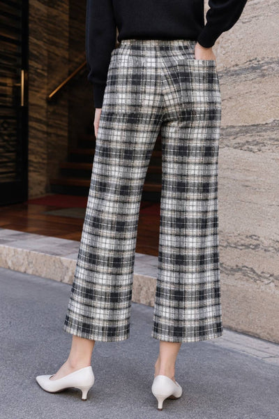 PLAID WIDE LEGS CROPPED PANTS: BLACK/TAUPE
