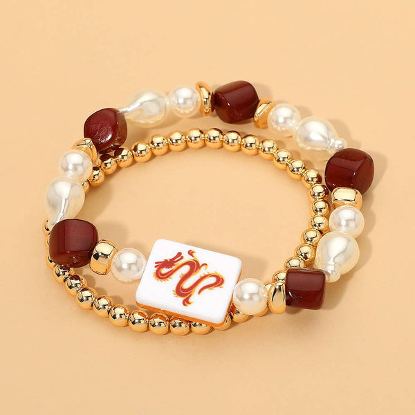 2PCS - Mahjong Tile Pearl Beaded Stretch Multi Layered Bracelets: Blue,Gold