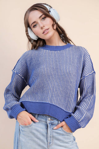 Two Tone Striped Casual Stripe Sweater Top: ROYAL BLUE