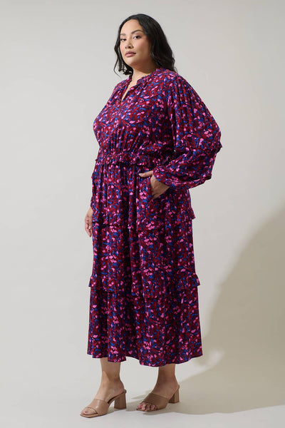 Turma Abstract Iveny Tiered Maxi Dress Curve: BURG-PINK