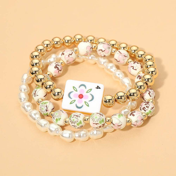 3PCS - Mahjong Charm Accent Floral Pearl Beaded Stretch Multi Layered Bracelets: Black,Gold