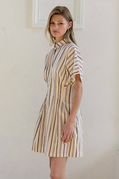 Stripe Dolman-Sleeve Button-Front Mini Dress - RD1361: CREAM PLUM STRIPE / S-M-L (3-2-1) - Lulu Bella Boutique