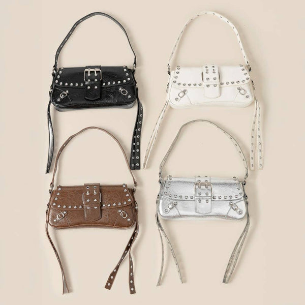 Glossy Leather Rivet Trim Shoulder Bag: SBK