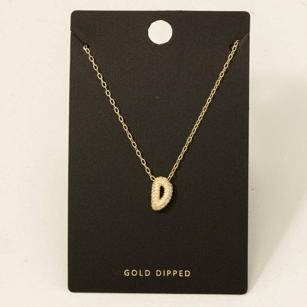 Gold Dipped Cz Pave Bubble Letter Pendant Necklace: R - Lulu Bella Boutique