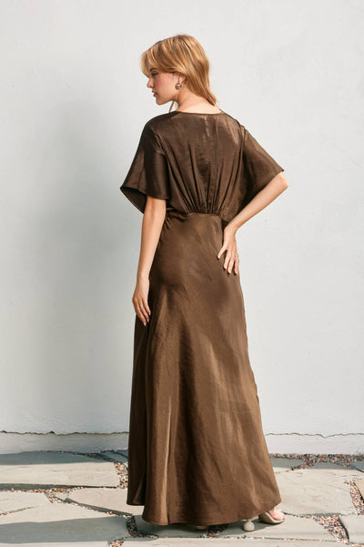 Satin Blouson Maxi Dress: ESPRESSO