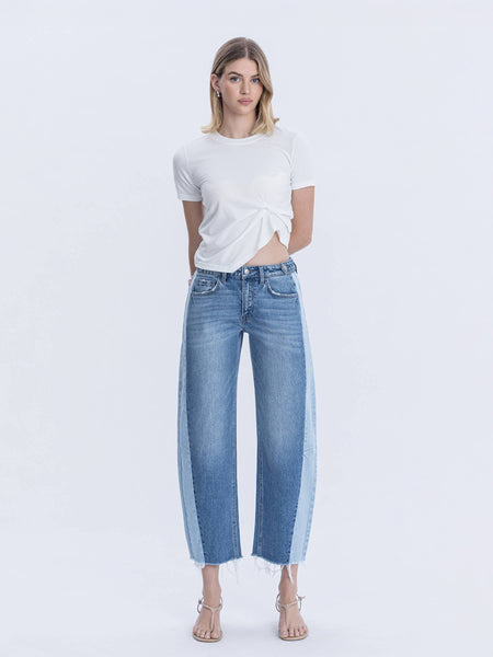 HIGH RISE TWO TONE BARREL LEG JEANS F6041: BLUE MEMOIR / 28 - Lulu Bella Boutique