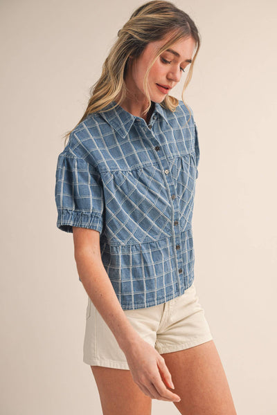 CHECKERED DENIM BUTTON DOWN TOP MTP4657: LIGHT DENIMBLUE / S - Lulu Bella Boutique