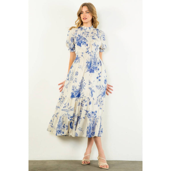 Floral Print Short Sleeve Maxi Dress: BLUE / XS-S-M-L(1-2-2-1) - Lulu Bella Boutique