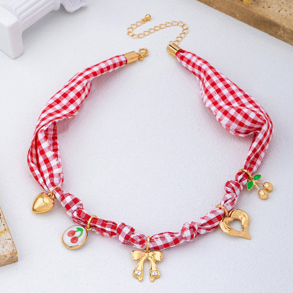 Red Gingham Scarf Charm Necklace | 80N93086: Gold - Lulu Bella Boutique