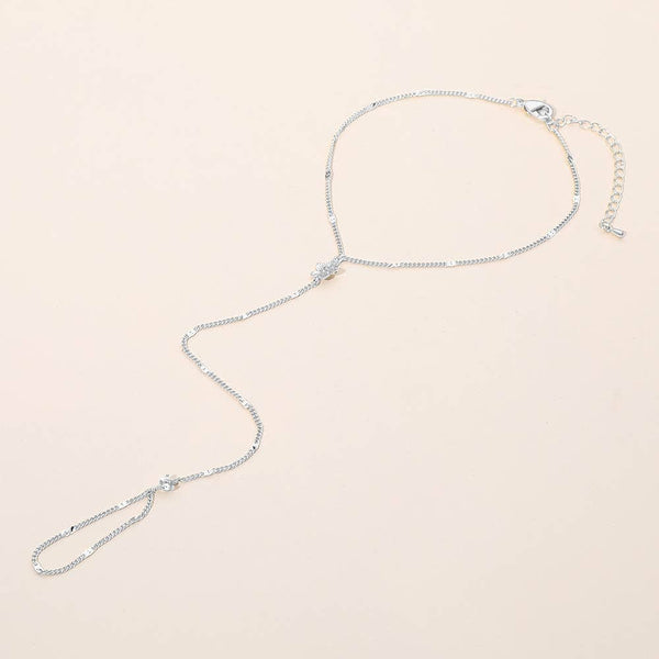 Delicate Flower Charm Accent Hand Chain Bracelet: Clear,Rhodium - Lulu Bella Boutique
