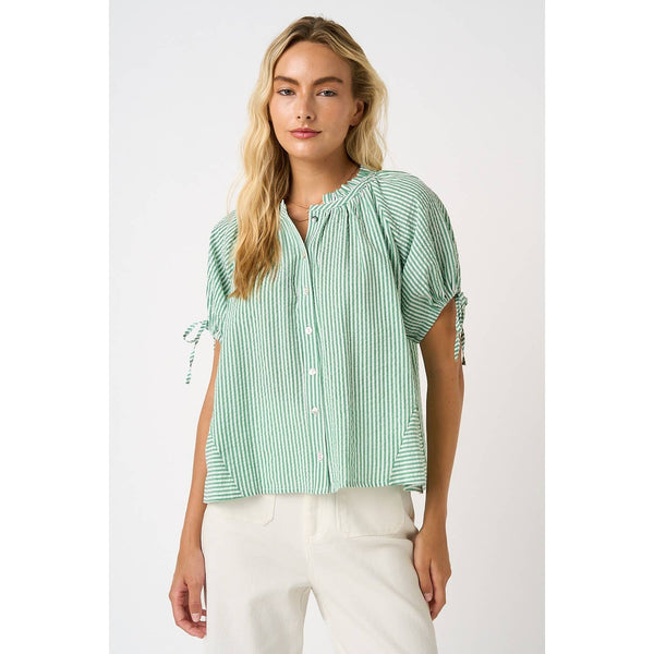 STRIPED RUFFLE NECK SHORT SLEEVE BUTTON DOWN TOP: GREEN / S-M-L(2-2-2) - Lulu Bella Boutique
