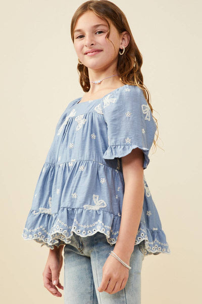Girls Bow Embroidered Scallop Hem Peplum Top - Lulu Bella Boutique