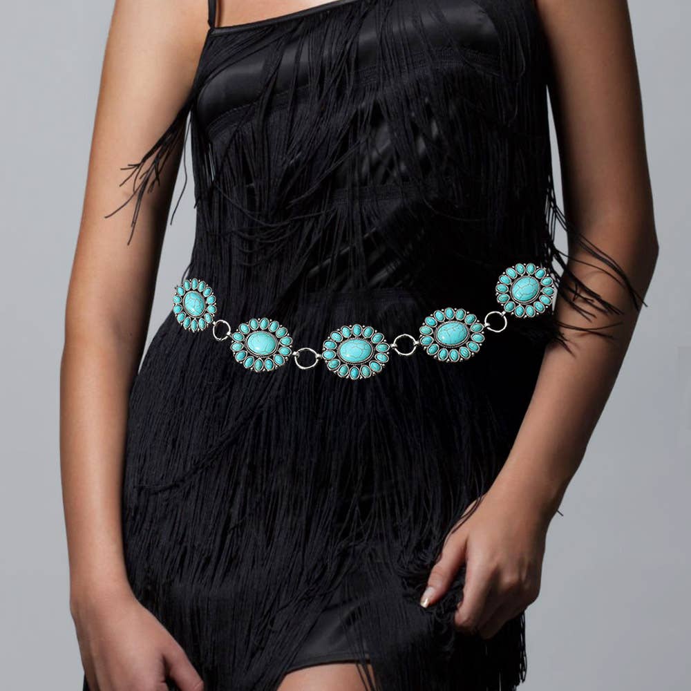 Boho Vintage Western Turquoise Stone Concho Chain Belt: Turquoise