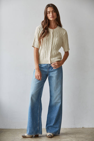 Cable Knit Short Sleeve Button Down Top: Natural
