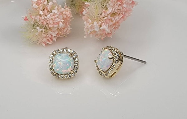 LAB GROWN OPAL STUD EARRINGS.: LIGHT BLUE OPAL/GOLD / Small - Lulu Bella Boutique