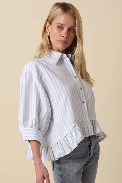 Mattie Striped Ruffle Hem Top: Blue White Stripe / Contemporary / S - Lulu Bella Boutique