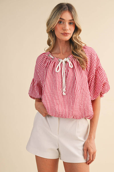 STRIPED BUBBLE TOP WITH GROMMET NECKLINE MTP4529: BERRY RED STRIPE / S - Lulu Bella Boutique