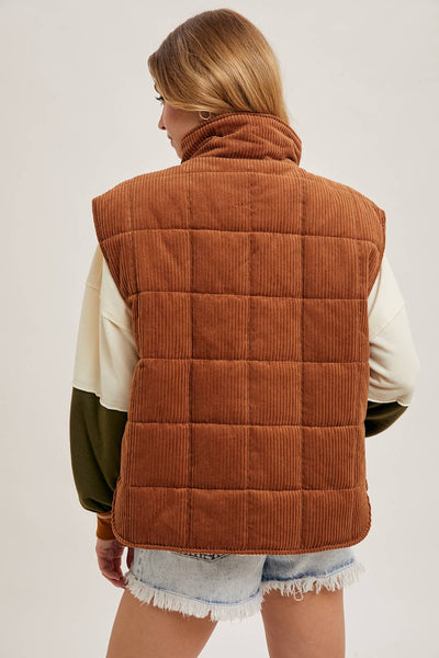 CORDUROY QUILTED PUFFER VEST: CAMEL / L