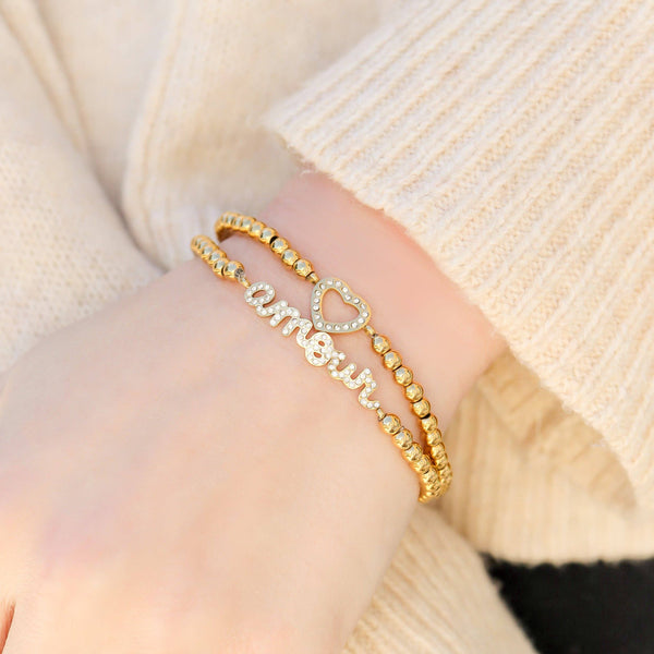 18K Gold PVD Stainless Steel Stone Heart Metal Beaded Stretch Bracelet: Gold