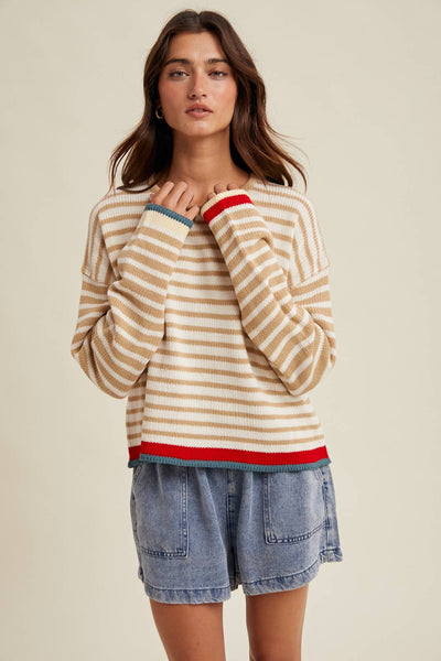 STRIPED DROP SHOULDER SWEATER: CREAM/TAUPE - Lulu Bella Boutique