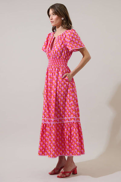 Paden Abstract Ordy Smocked Midi Dress: PINK-ORG-MUL / XL