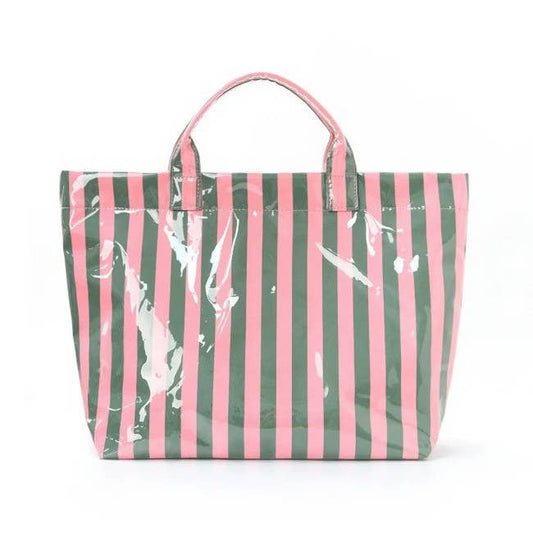 Large Striped Vinyl Tote Bags | 40P595: PINK GREEN - Lulu Bella Boutique