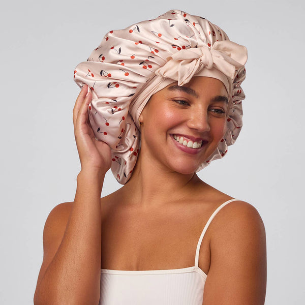 Adjustable Oversized Satin Bonnet - Cherry Print - Lulu Bella Boutique
