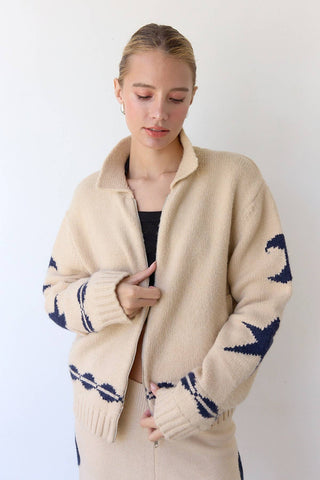 Cozy Pattern Zip Sweater Jacket-RSW1001: Beige / S-M-L (3-2-1) - Lulu Bella Boutique