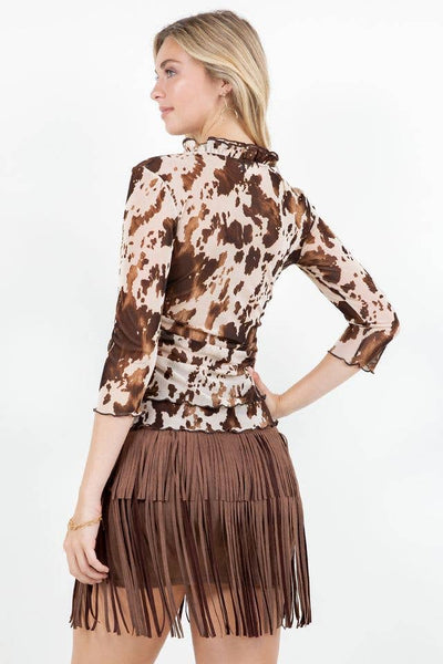 Cow Print Button Down Mesh Top - Lulu Bella Boutique
