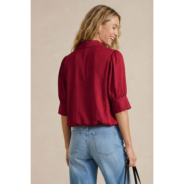 Half Sleeve Hi-lo Bubble Hem Blouse: New Red