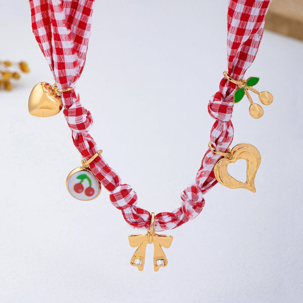 Red Gingham Scarf Charm Necklace | 80N93086: Gold - Lulu Bella Boutique