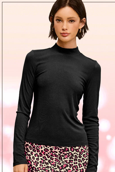 Stretchy Ribbed Long Sleeve Mock Neck Basic Top: Onyx / S