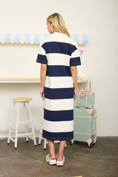 WIDE STRIPE COLLARED SHORT SLEEVE MIDI SHIRT DRESS: NAVY - Lulu Bella Boutique
