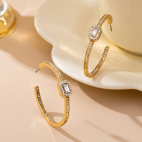Solitaire Square Crystal Gold Hoop Earrings | 80E61752: GOLD - Lulu Bella Boutique