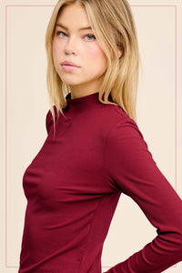 Stretchy Ribbed Long Sleeve Mock Neck Basic Top: Sangria / M