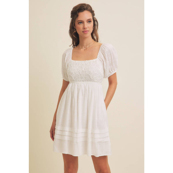 AIRY COTTON GAUZE CROCHET MINI DRESS WITH SMOCKED BACK: OPTIC WHITE / S - Lulu Bella Boutique