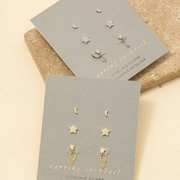 Sterling Silver Cz Stars And Moon Stud Earrings Set: GZ - Lulu Bella Boutique