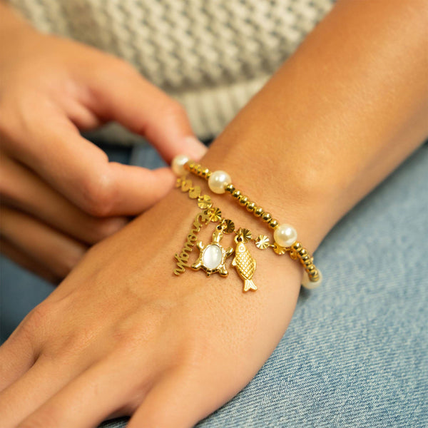 18K Gold PVD 8mm Kiska Glass Pearl Stretch Bracelet: Gold