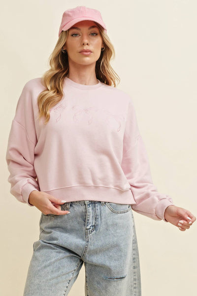 CT13362K - EMBROIDERED BOW DETAIL PULLOVER TOP: Light Pink / M