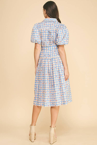 CHECKER WITH CHERRY PRINT MIDI DRESS -Blue / M - Lulu Bella Boutique